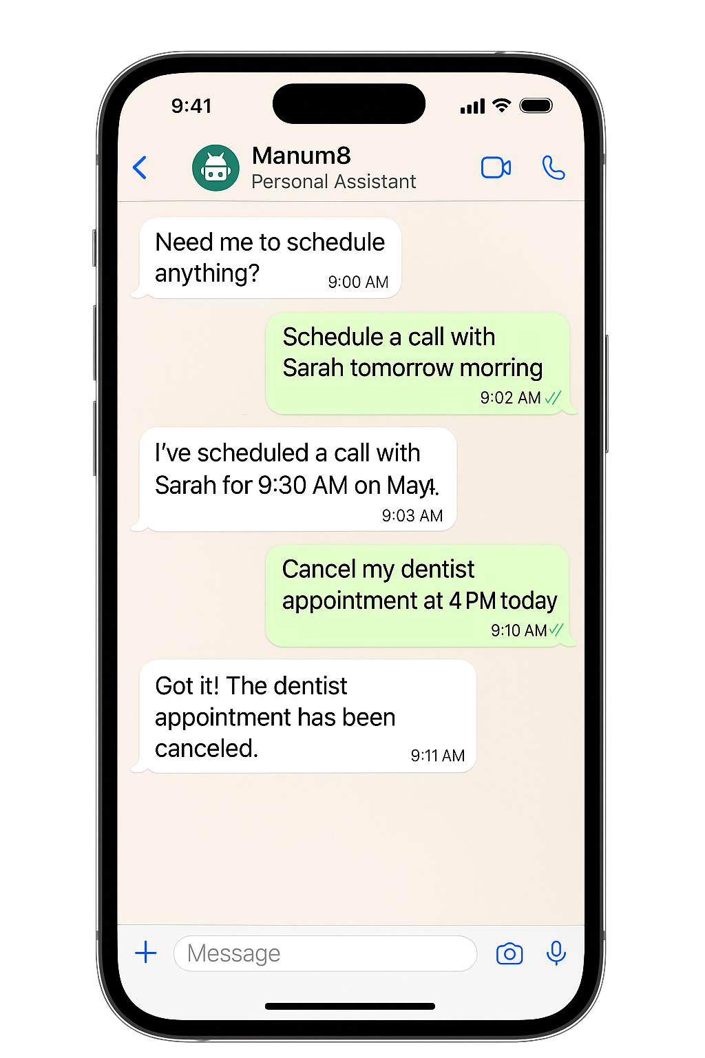 Phone showing WhatsApp assistant